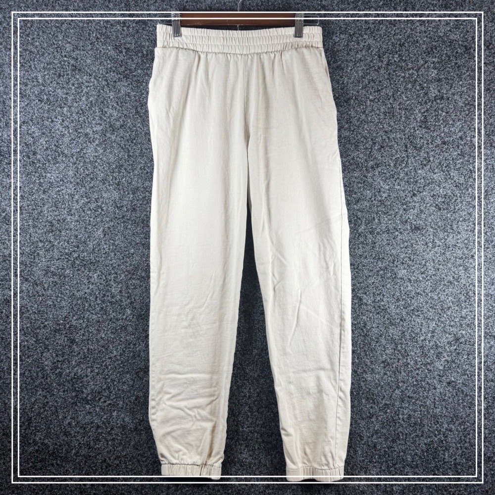Zara Mens Small Beige 100% Cotton Elastic Waist Jogger Pants Casual Trousers